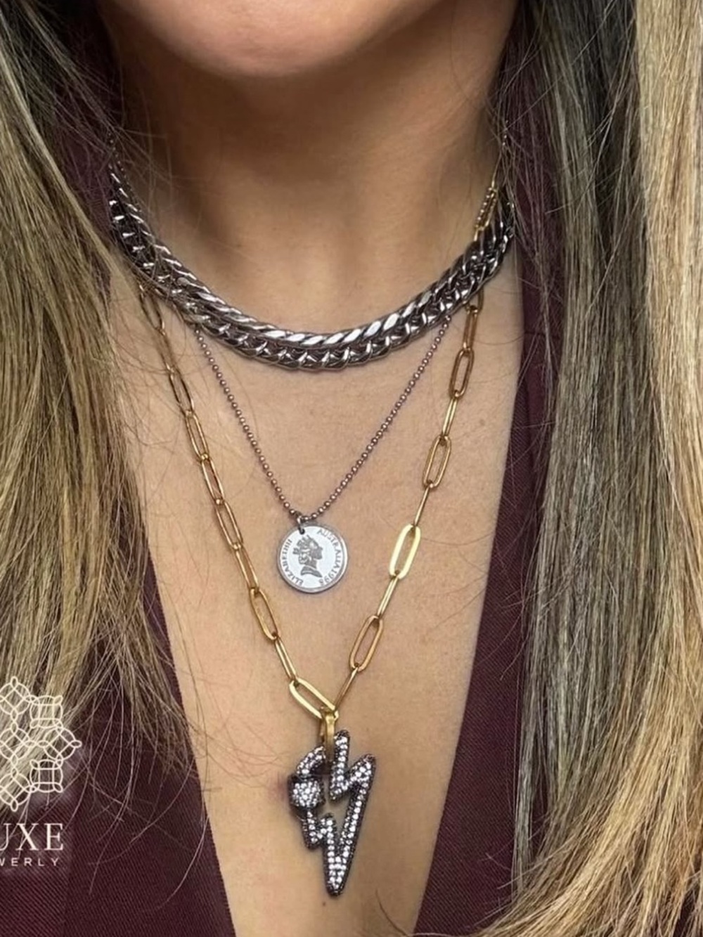 Layered Silver and Gold Lightning Pendant Necklace Set